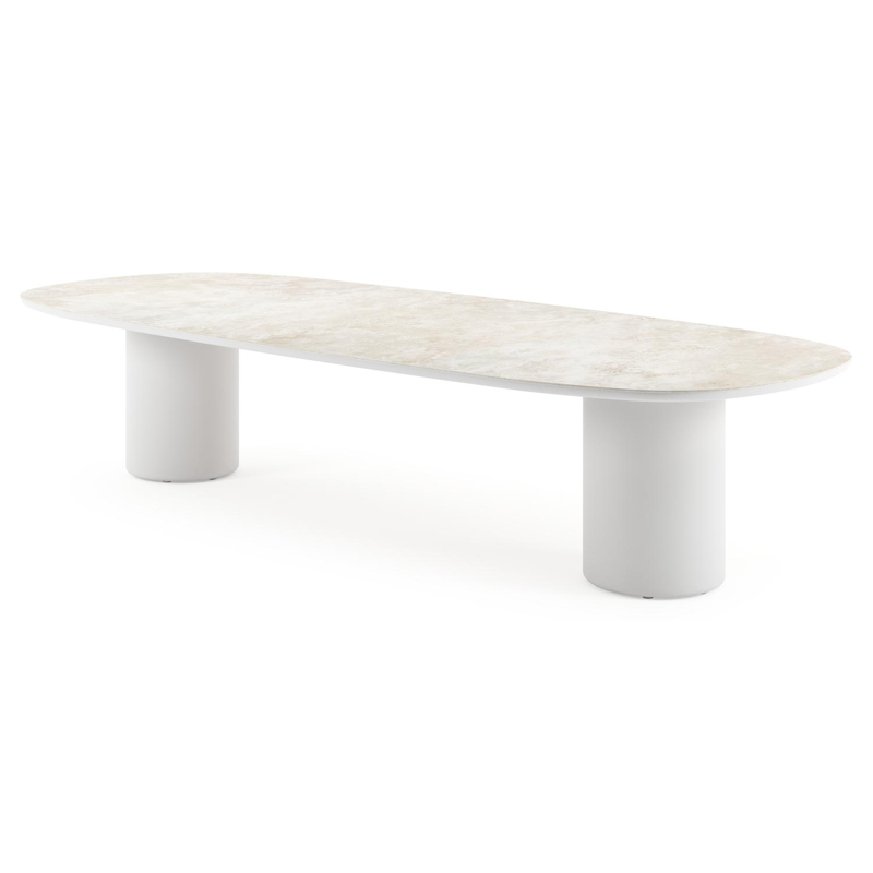 Table de jardin low dining Amico bombo en aluminium blanc et céramique pleine Rapolano - Lg. 320 x Lrg. 130 x Haut. 61 cm