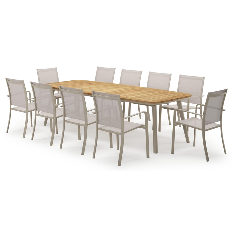 Mosa bootvormige tuinset in beige aluminium en teak natural finish met 10 Calobra tuinstoelen