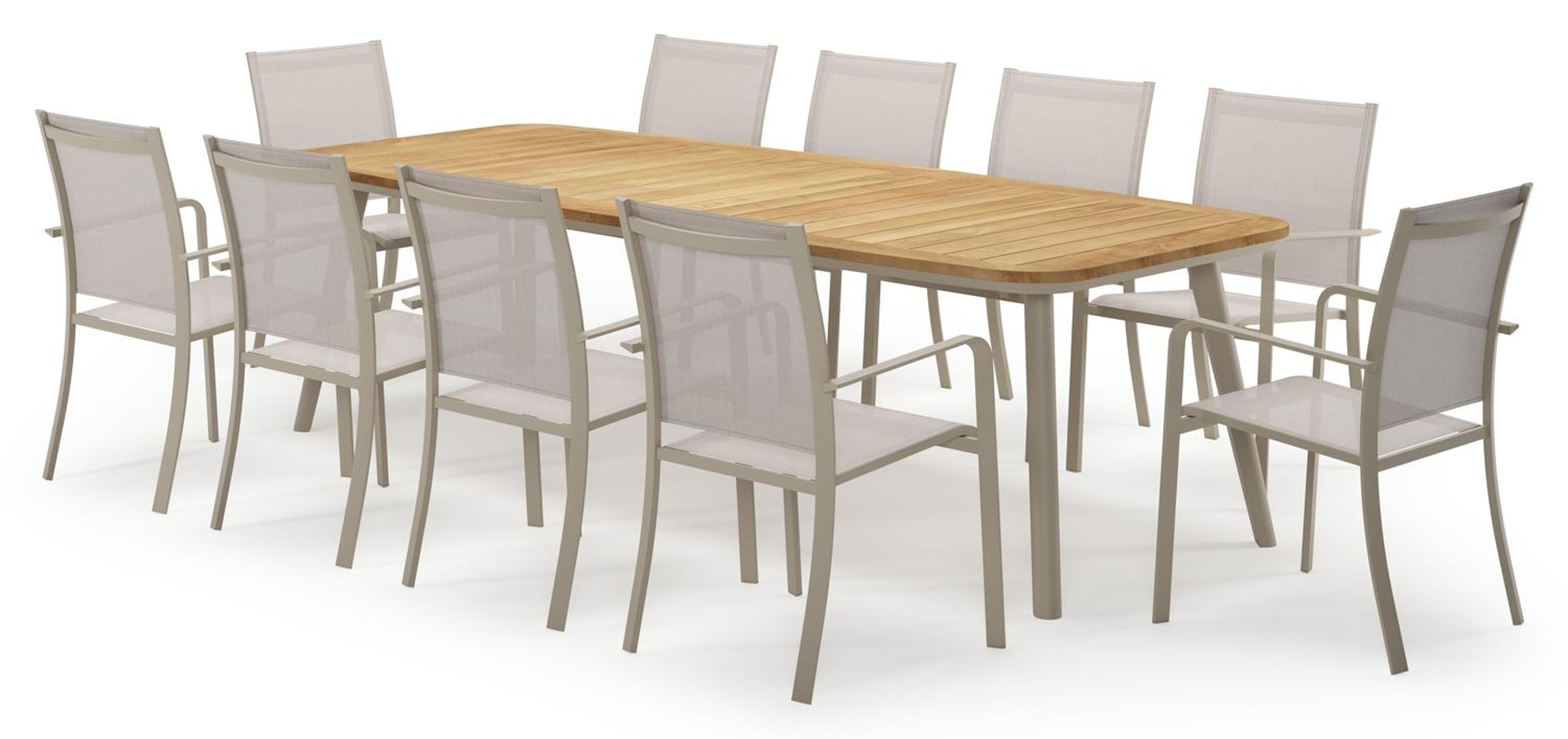Mosa bootvormige tuinset in beige aluminium en teak natural finish met 10 Calobra tuinstoelen