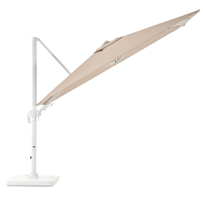 Avola zweefparasol met tiltfunctie in wit aluminium en natural Weather+ Softtouch parasoldoek - L1 200 x L2 300 cm met Pedito parasolvoet 120 kg