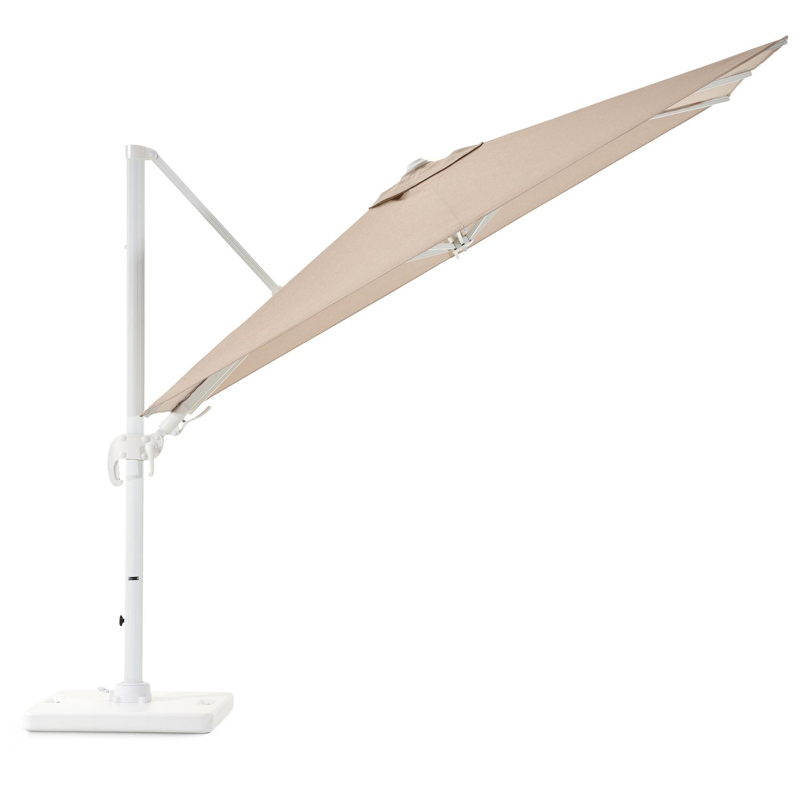 Avola zweefparasol met tiltfunctie in wit aluminium en natural Weather+ Softtouch parasoldoek - L1 200 x L2 300 cm met Pedito parasolvoet 120 kg