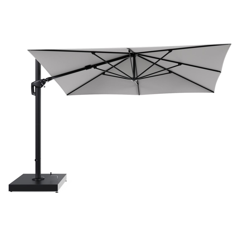 Parasol pendant Minore avec fonction tilt en aluminium noir et toile de parasol All Weather Solica Soul Optik - Lg.1: 280 x Lg.2: 370 cm avec pied de parasol Minore 260 kg avec roulettes