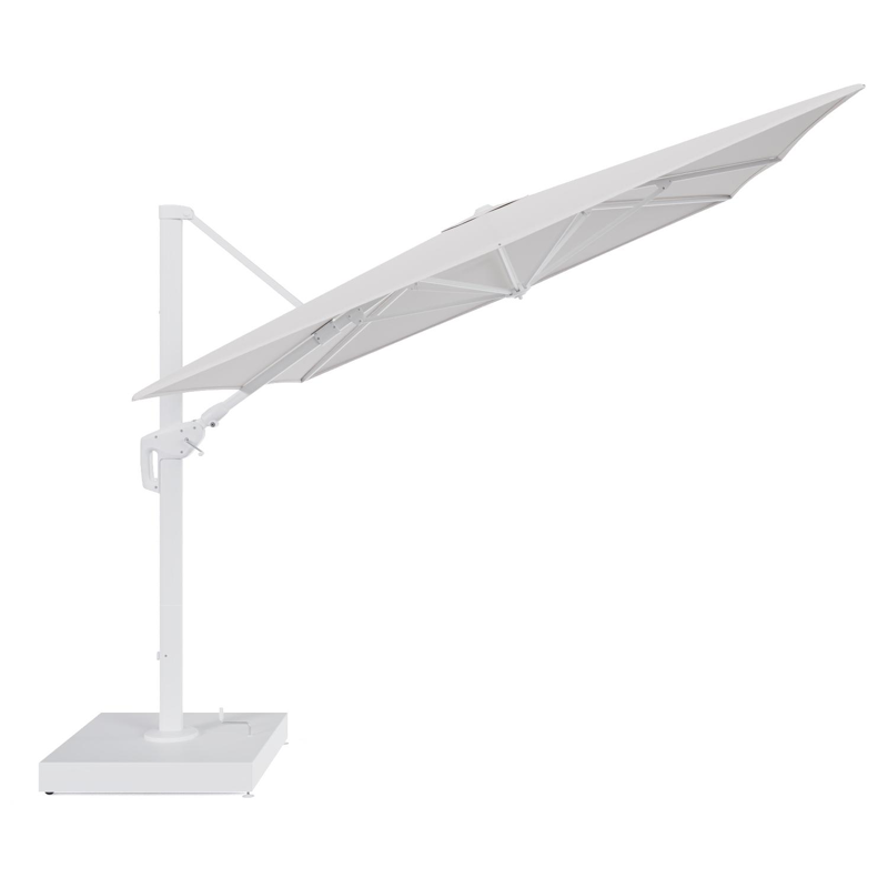 Minore zweefparasol met tiltfunctie in wit aluminium en Ego Eggshell All Weather Solica parasoldoek - L1 400 x L2 300 cm met parasolvoet Minore 260 kg met wielen