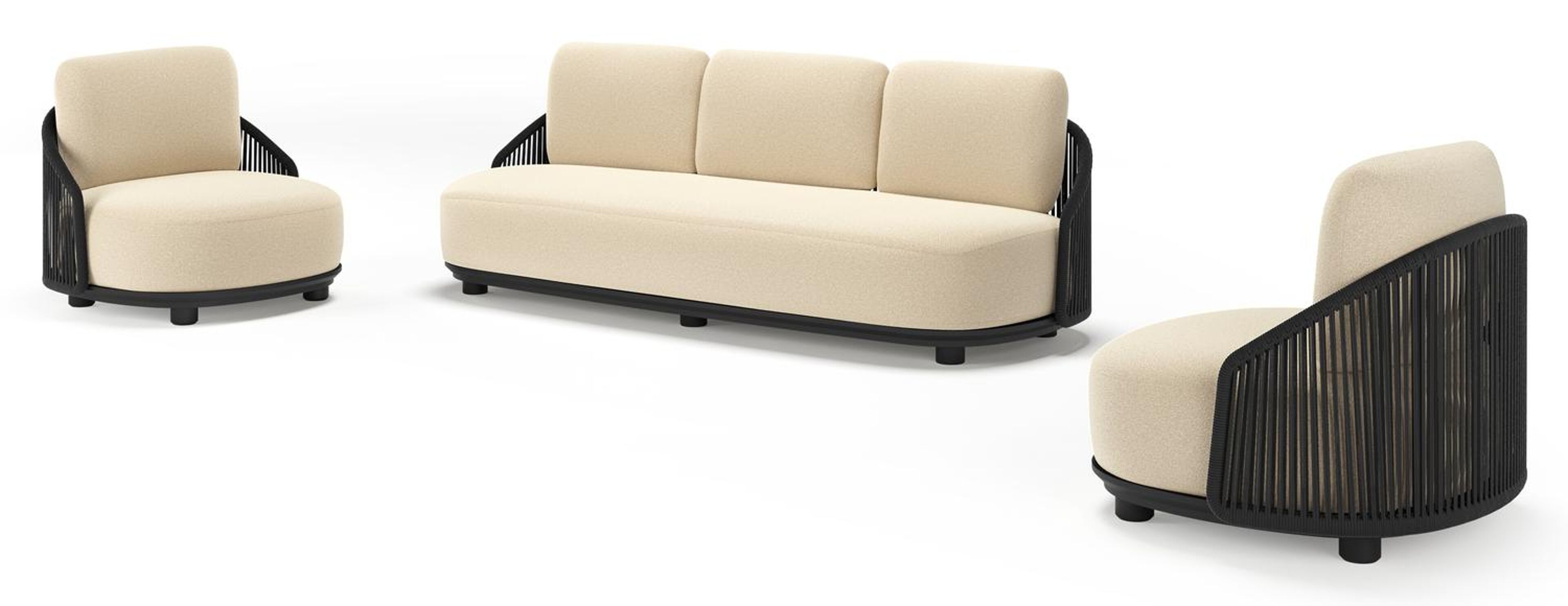 Salon de jardin Vadelo en aluminium noir et corde ronde tissée verticalement noir et coussins en all weather solica soul papyrus