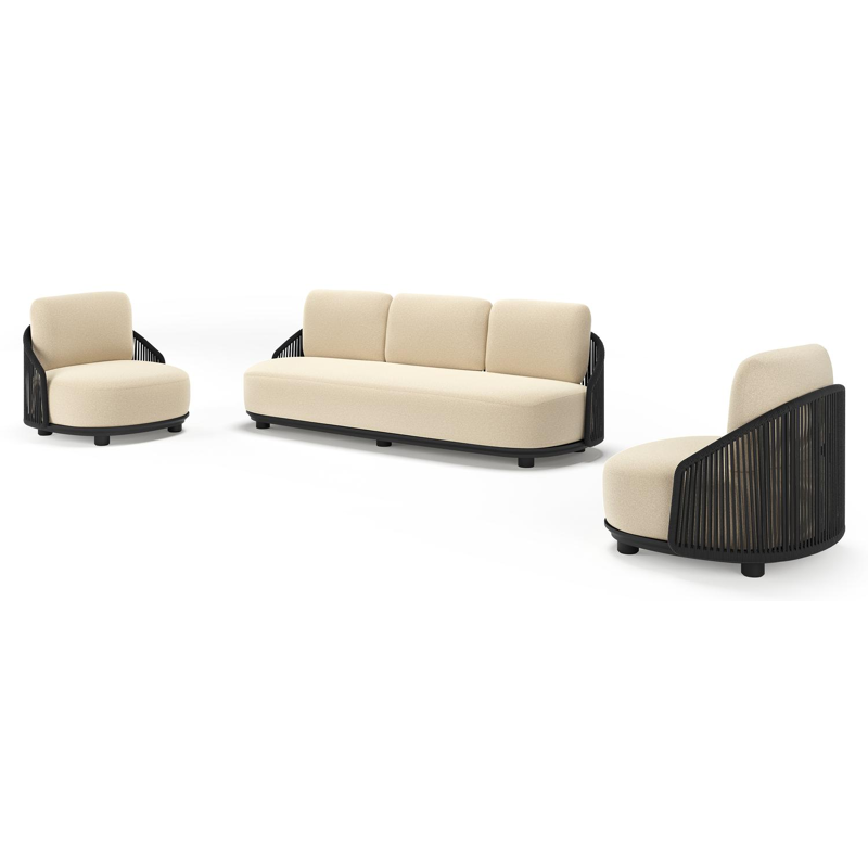 Salon de jardin Vadelo en aluminium noir et corde ronde tissée verticalement noir et coussins en all weather solica soul papyrus