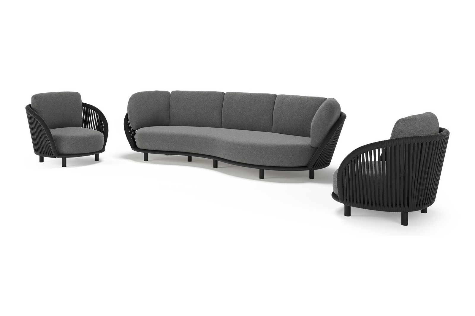 Lupino loungeset in zwart aluminium en zwart verticaal geweven luxe vlakke brede rope met catania black all weather cosytica kussen