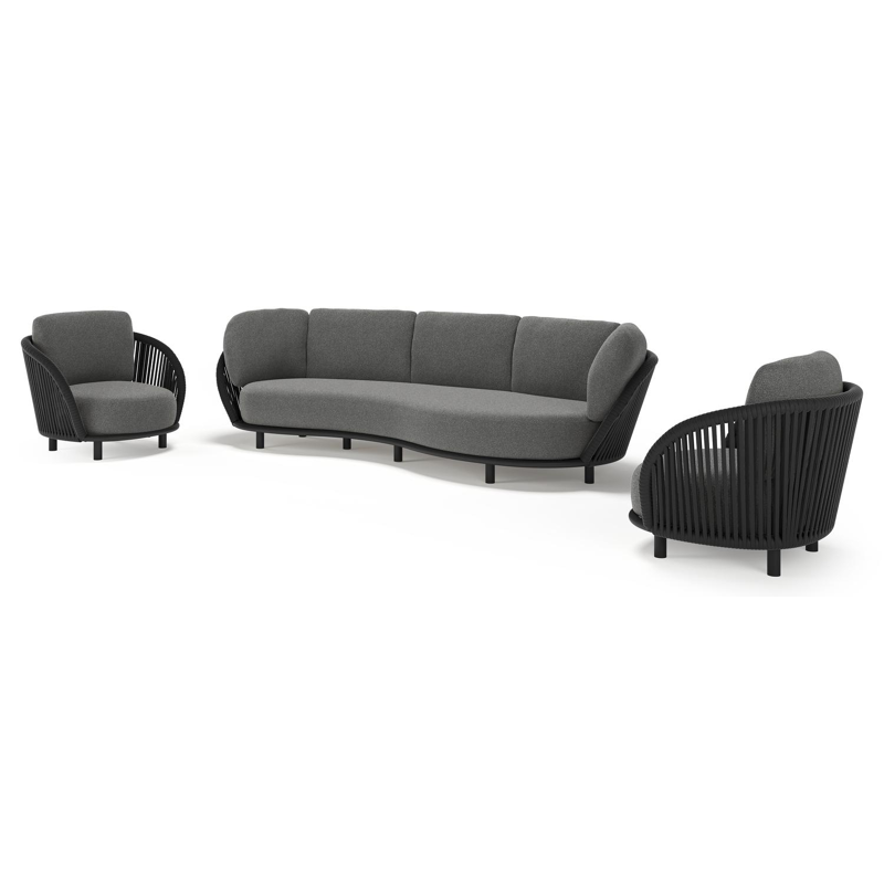 Lupino loungeset in zwart aluminium en zwart verticaal geweven luxe vlakke brede rope met catania black all weather cosytica kussen