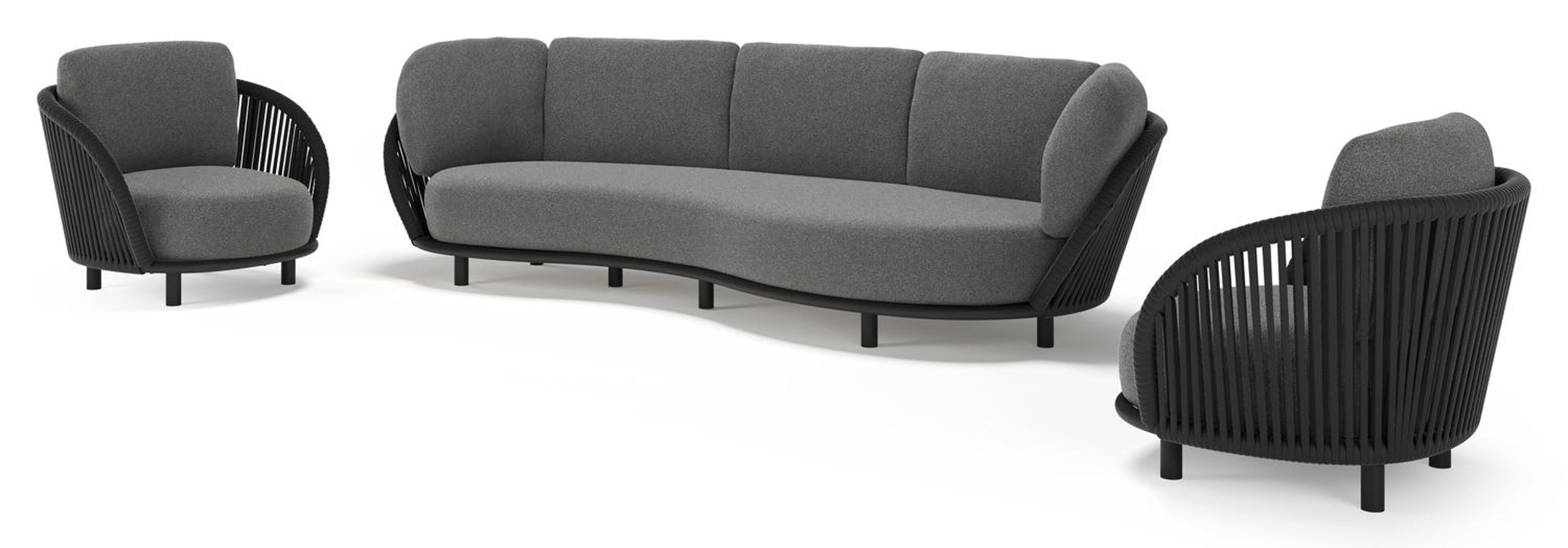 Lupino loungeset in zwart aluminium en zwart verticaal geweven luxe vlakke brede rope met catania black all weather cosytica kussen