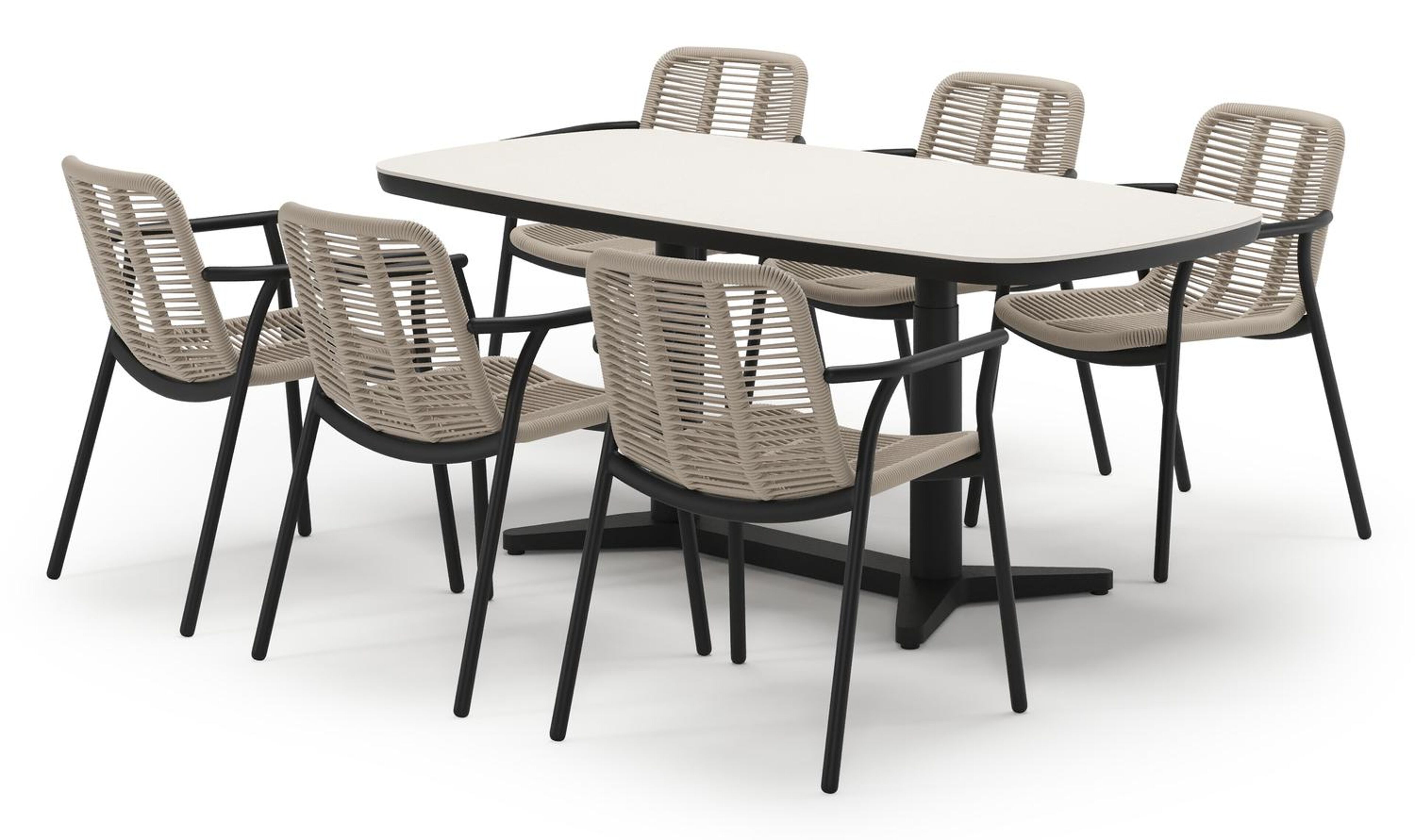 Tarsia tuinset bootvorm in zwart aluminium en sintered stone Crema minerale met 6 Berga tuinstoelen