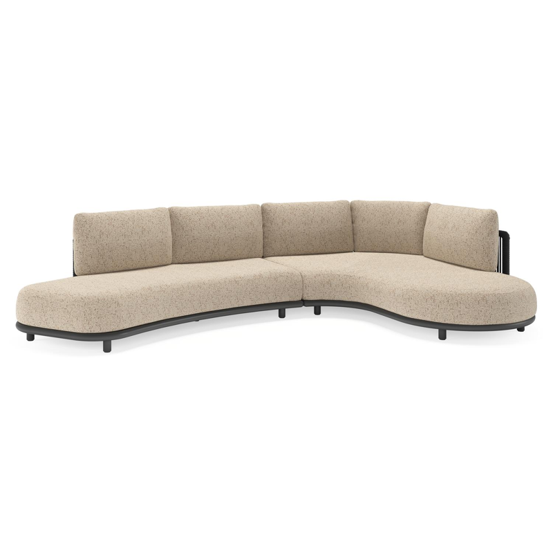 Salon de jardin d'angle Lomano en aluminium noir et corde luxe plate tissée verticalement noir et coussins en all weather cosytica bora jungle