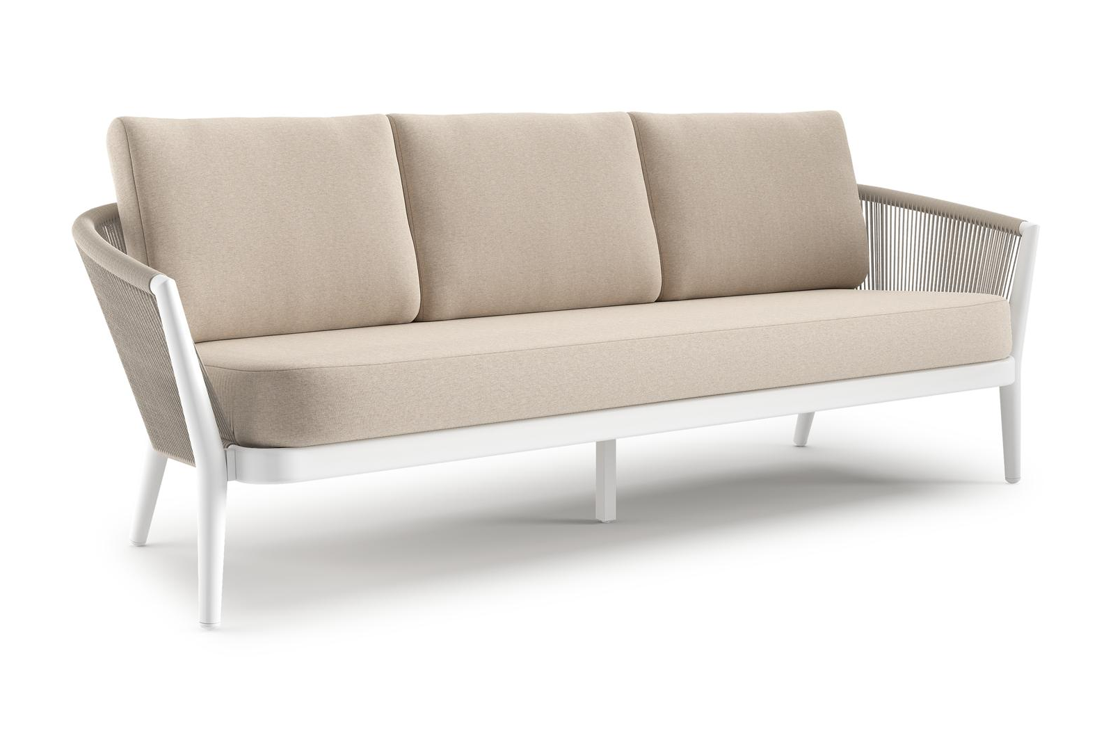 Canapé de jardin Orso en aluminium blanc en corde ronde tissée verticalement beige et coussins en all weather sunbrella® luxe Heritage Ash