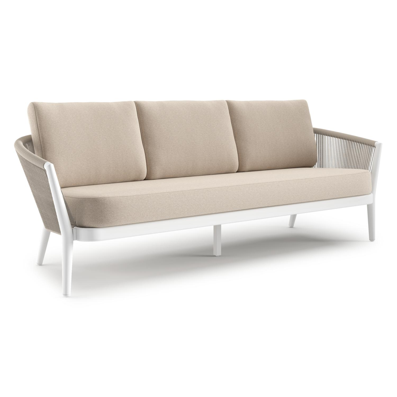 Canapé de jardin Orso en aluminium blanc en corde ronde tissée verticalement beige et coussins en all weather sunbrella® luxe Heritage Ash