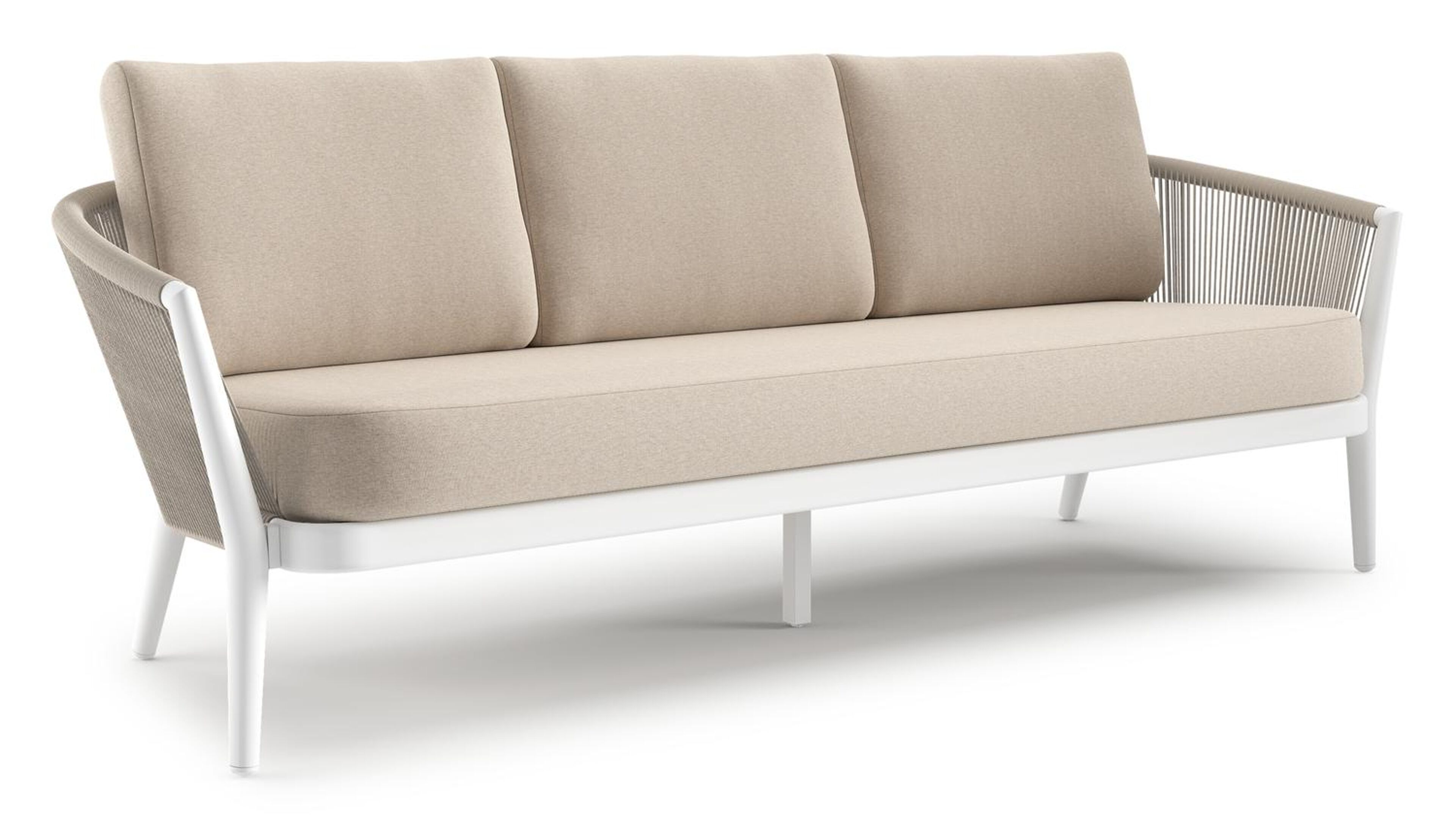 Canapé de jardin Orso en aluminium blanc en corde ronde tissée verticalement beige et coussins en all weather sunbrella® luxe Heritage Ash