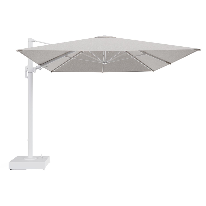 Rufina zweefparasol met tiltfunctie in wit aluminium en Tundra Sand All Weather Sunbrella® Luxe parasoldoek - L1 400 x L2 300 cm met parasolvoet Minore 150 kg met wielen
