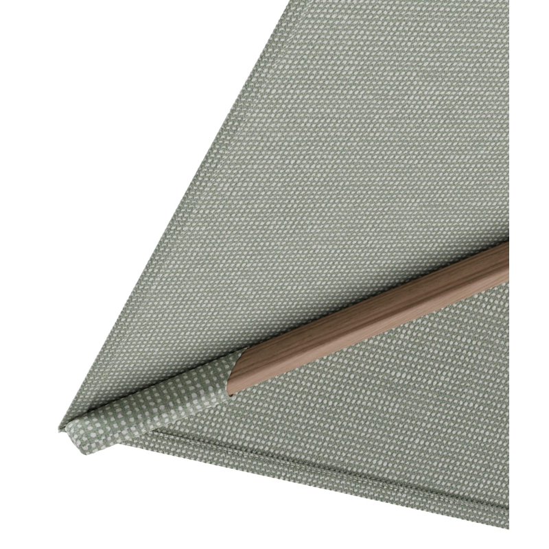Rufina zweefparasol met tiltfunctie in houtlook aluminium en Slow Spirea All Weather Sunbrella® Luxe parasoldoek - L1 400 x L2 300 cm met parasolvoet Minore 150 kg met wielen