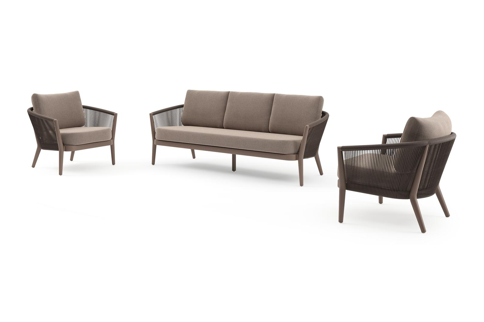 Salon de jardin Orso en aluminium taupe en corde ronde tissée verticalement noir et coussins en all weather sunbrella® luxe Savane Earth