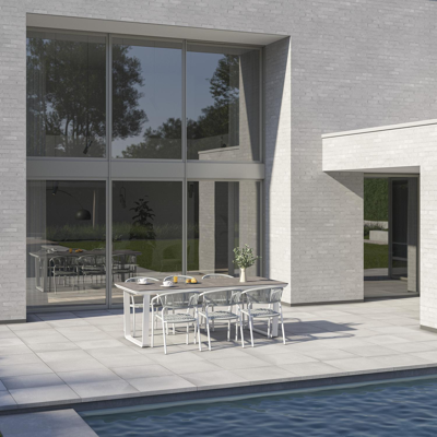 Alora tuinset in wit aluminium en grijs keramische print tafelblad met 6 stapelbare Vigo tuinstoelen