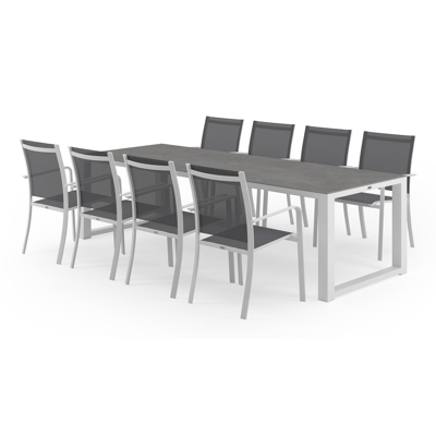 Livo tuinset in wit aluminium en grijs volkeramiek tafelblad met 8 stapelbare Calobra tuinstoelen