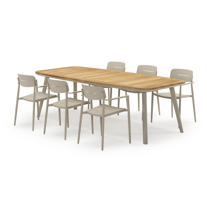 Mosa bootvormige tuinset in beige aluminium en teak natural finish met 6 Cosa tuinstoelen