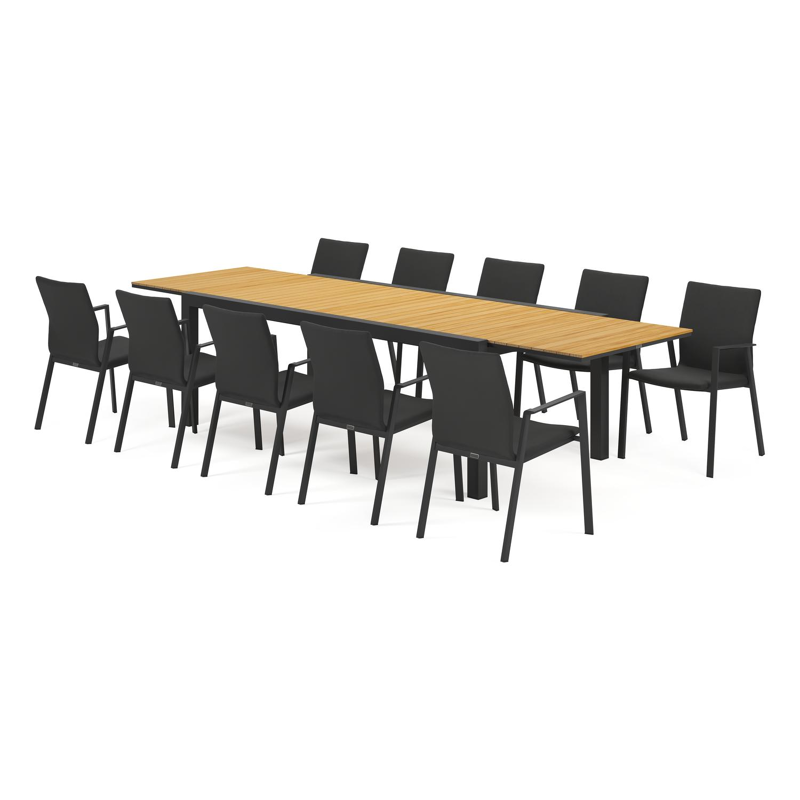 Calobra tuinset met verlengbare tafel in zwart aluminium en naturel teak tafelblad met 10 stapelbare Madura tuinstoelen