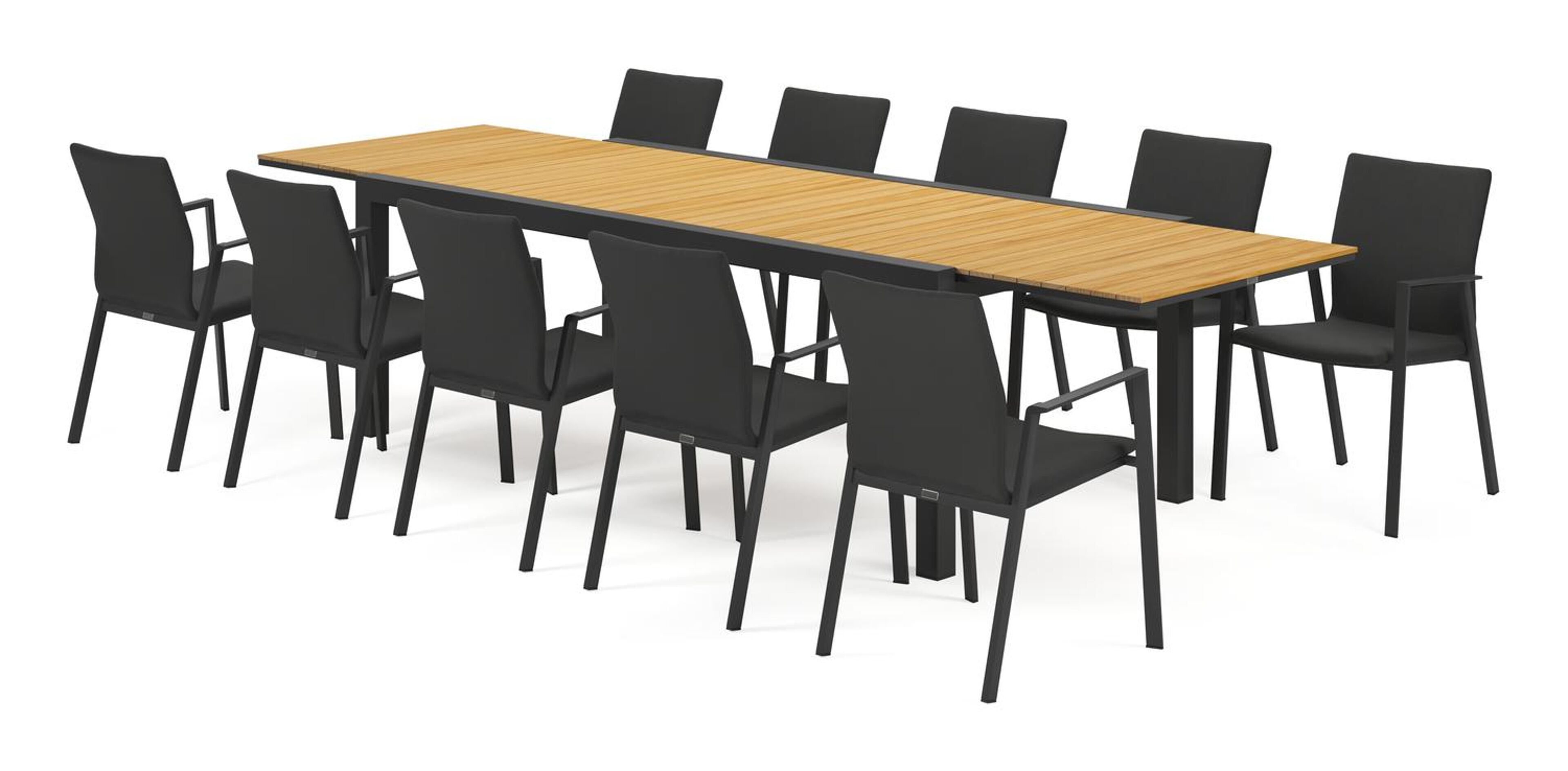 Calobra tuinset met verlengbare tafel in zwart aluminium en naturel teak tafelblad met 10 stapelbare Madura tuinstoelen