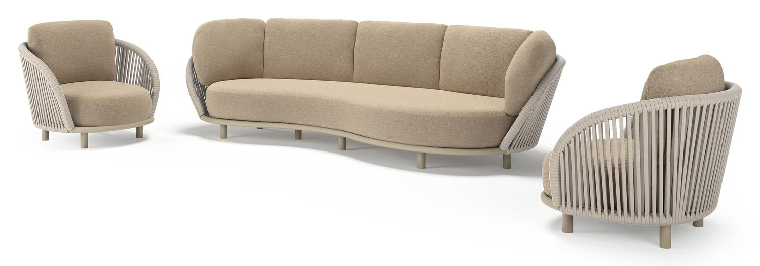 Lupino loungeset in beige aluminium en beige verticaal geweven luxe vlakke brede rope met madagascar oak all weather cosytica kussen