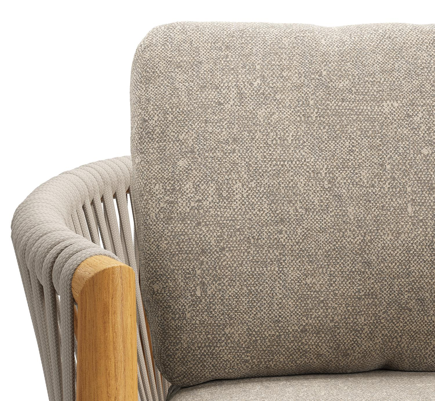 Organo tuinstoel in beige teak en beige verticaal geweven luxe vlakke rope met kussen in All Weather Sunbrella® Luxe Chartres Pewter