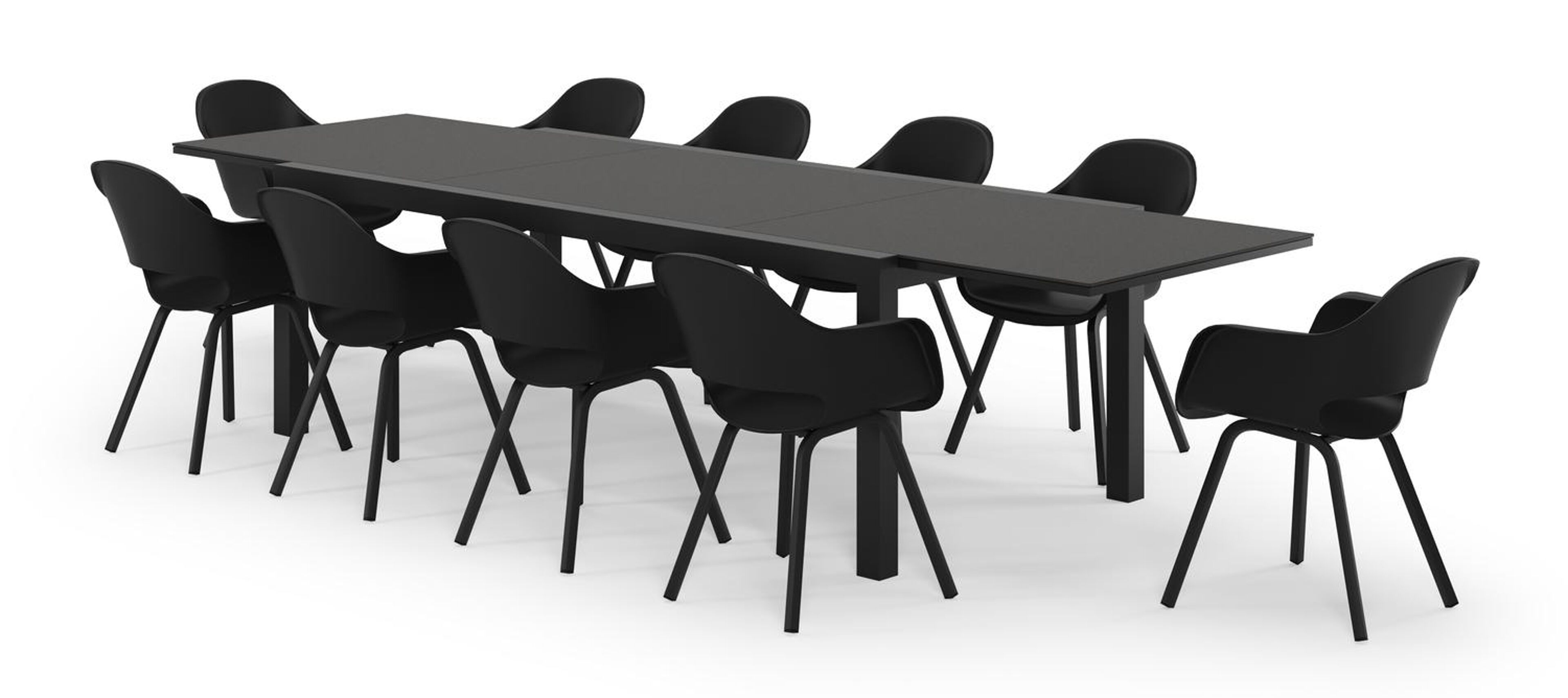 Calobra rechthoekige uitschuifbare tuinset in zwart aluminium en sintered stone notte minerale met 10 Artena tuinstoelen