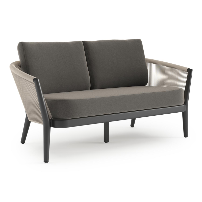 Orso loungebank in zwart aluminium en beige verticaal geweven ronde rope met Natte Dark Taupe all weather sunbrella® luxe kussen