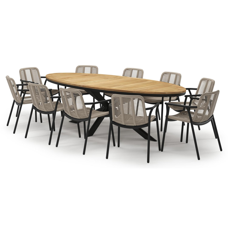 Pamplona tuinset in zwart aluminium en teak met 10 stapelbare Berga tuinstoelen