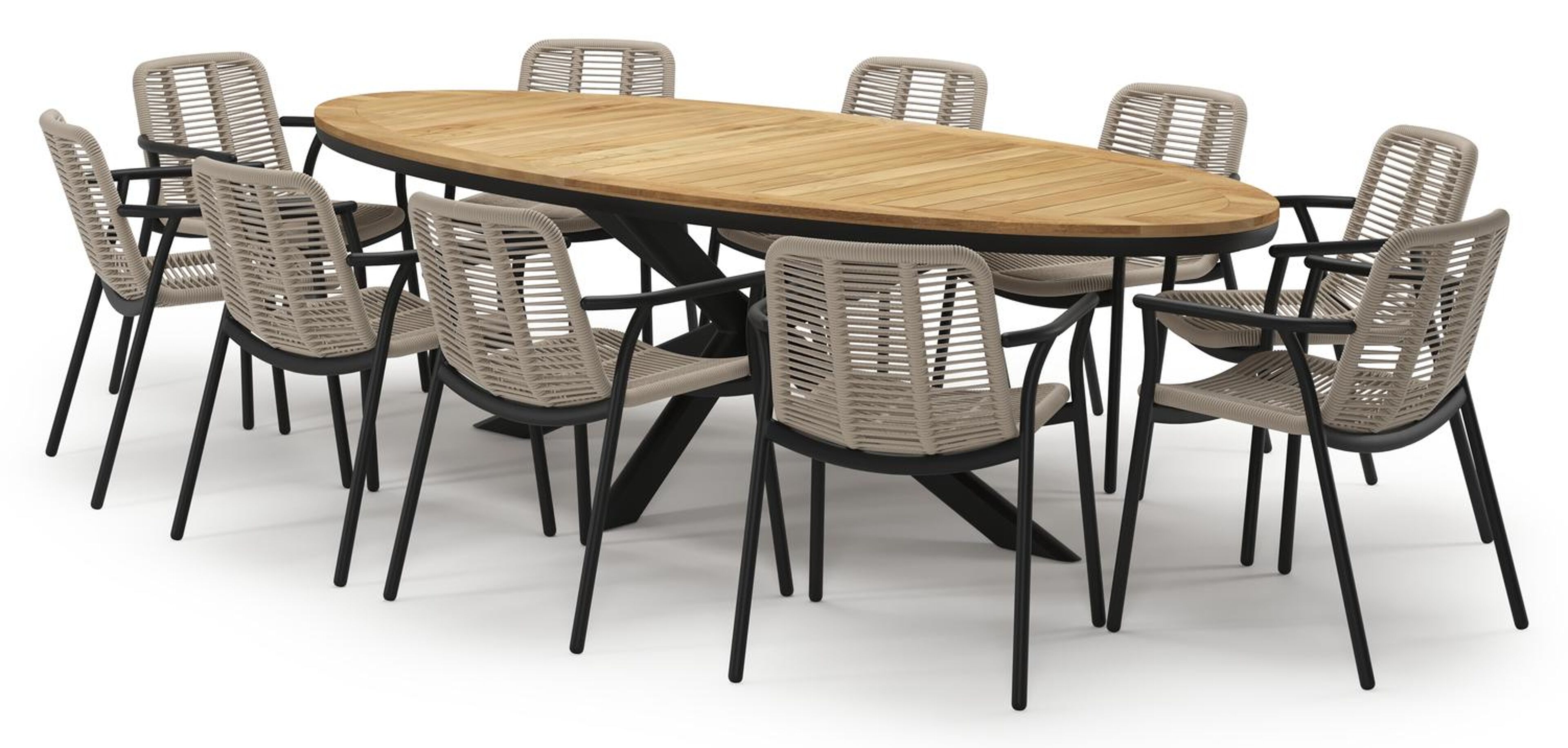 Pamplona tuinset in zwart aluminium en teak met 10 stapelbare Berga tuinstoelen