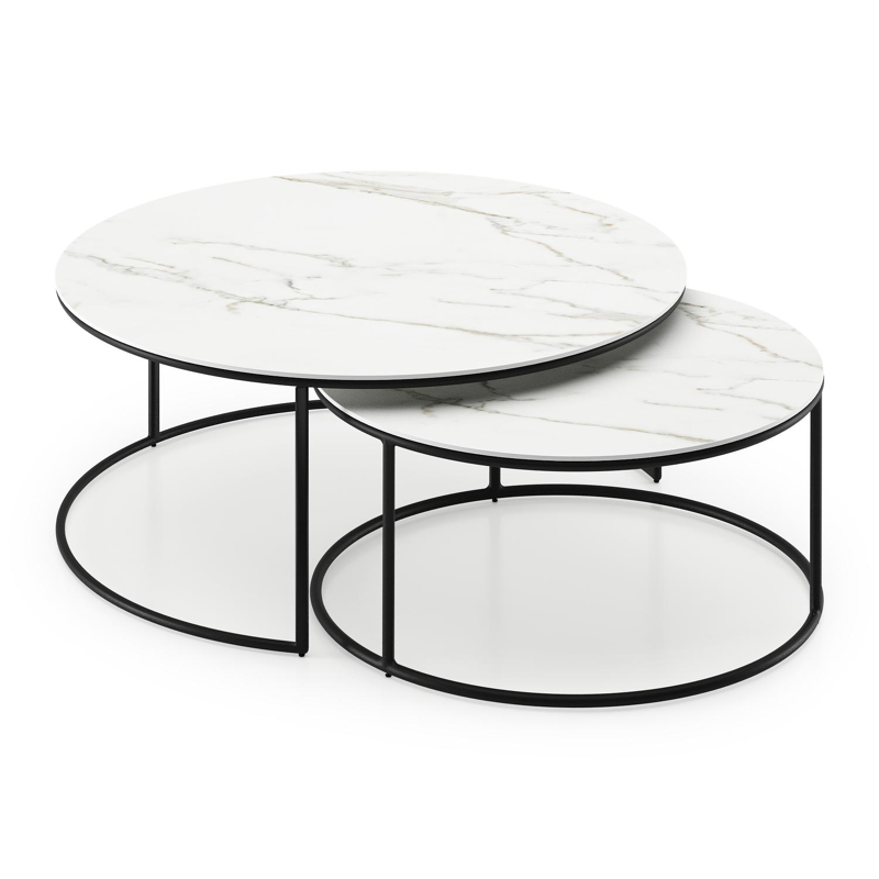 Fano set van 2 loungetafels rond in zwart aluminium en volkeramiek Calacatta - Dia. 85/65 x H 35/30 cm
