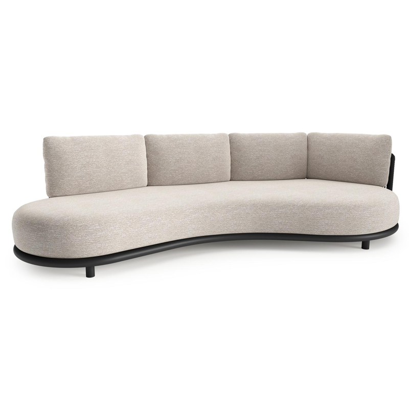 Lomano loungebank in zwart aluminium en zwart verticaal geweven luxe vlakke rope met tundra sand all weather sunbrella® luxe kussen