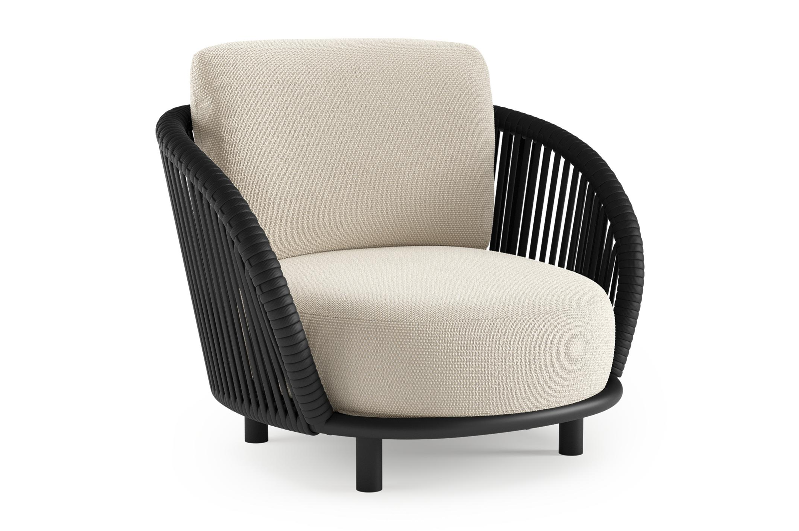 Lupino loungestoel in zwart aluminium en zwart verticaal geweven luxe vlakke brede rope met althea off white all weather cosytica kussen