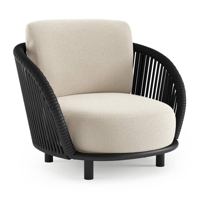 Lupino loungestoel in zwart aluminium en zwart verticaal geweven luxe vlakke brede rope met althea off white all weather cosytica kussen