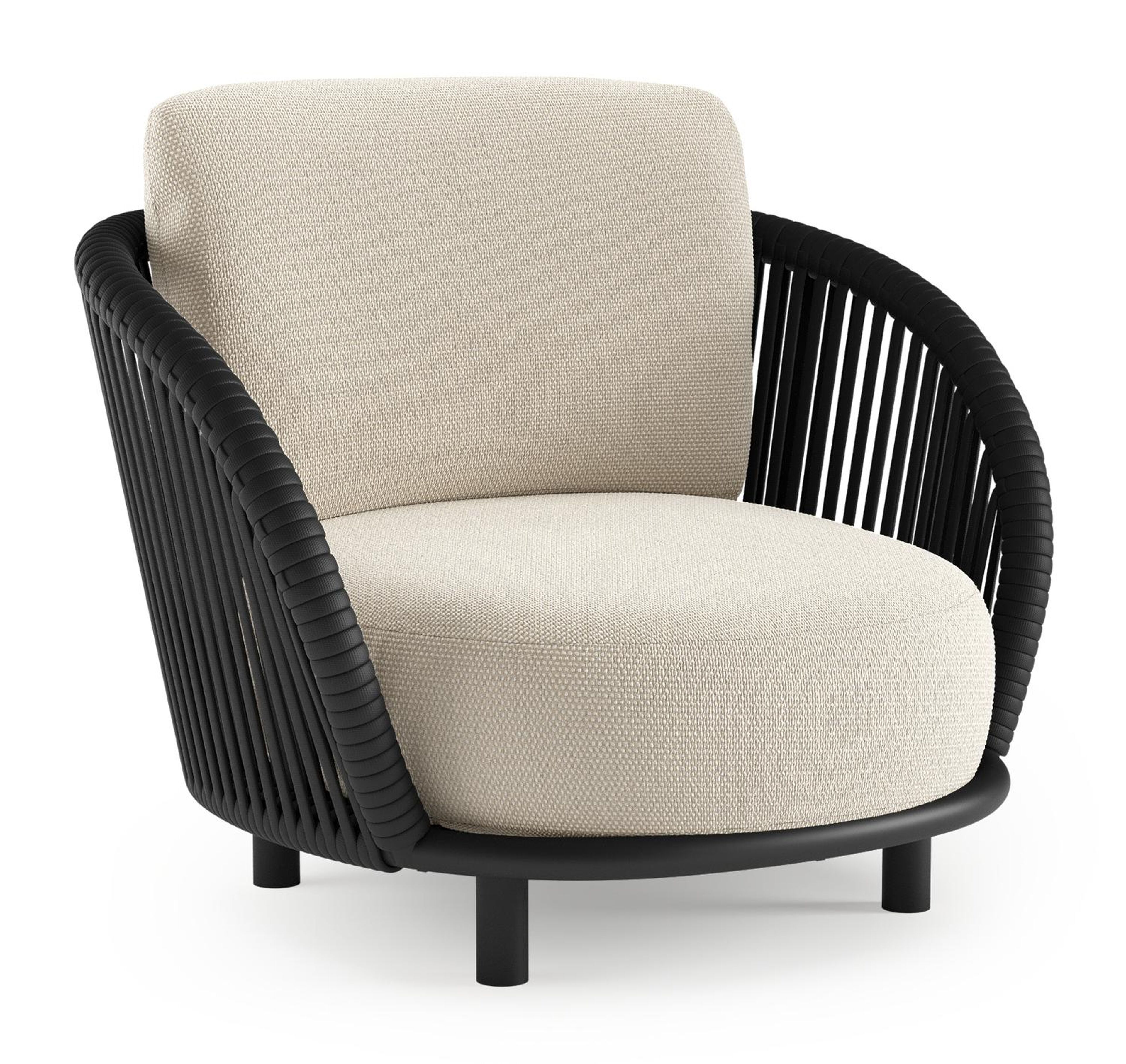 Fauteuil de jardin Lupino en aluminium noir et corde large plate de luxe tissée verticalement noir et coussins en all weather cosytica althea off white