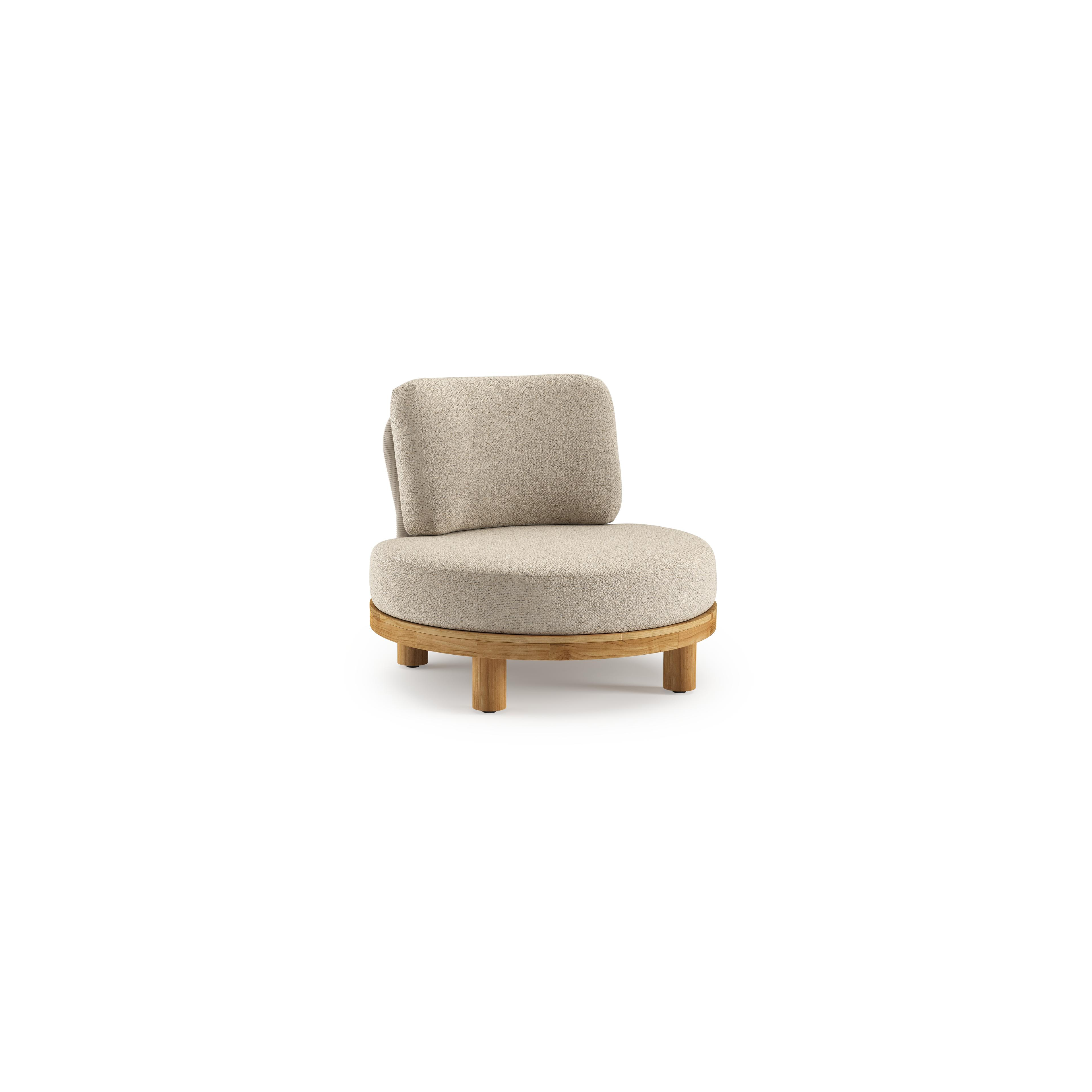Fauteuil de jardin Donato en teck et corde ronde tissée verticalement beige et coussins en all weather cosytica Bora Desert
