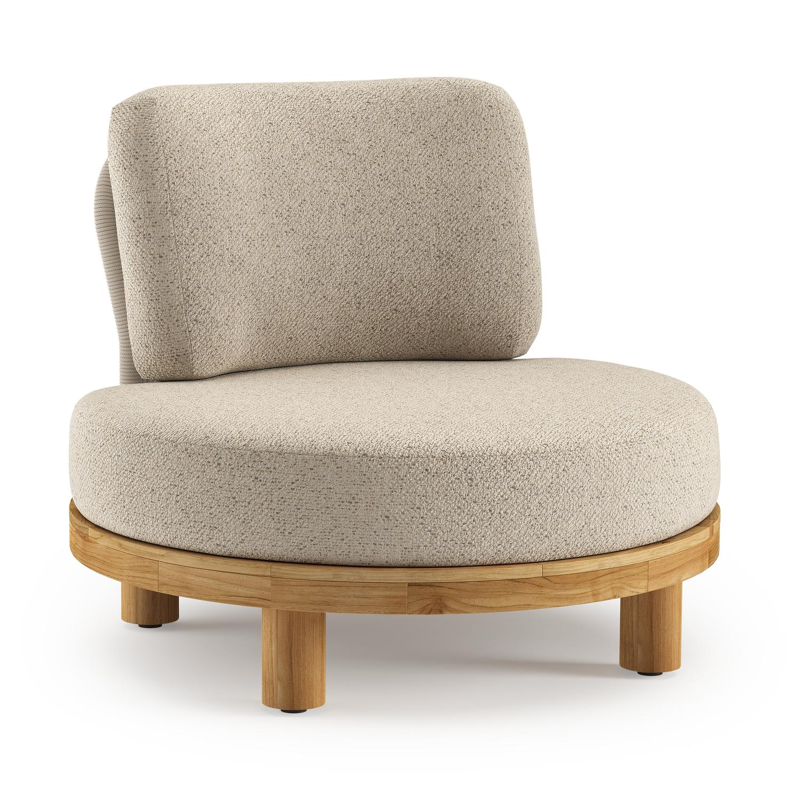 Donato loungestoel in teak en beige verticaal geweven ronde rope met all weather cosytica Bora Desert kussen