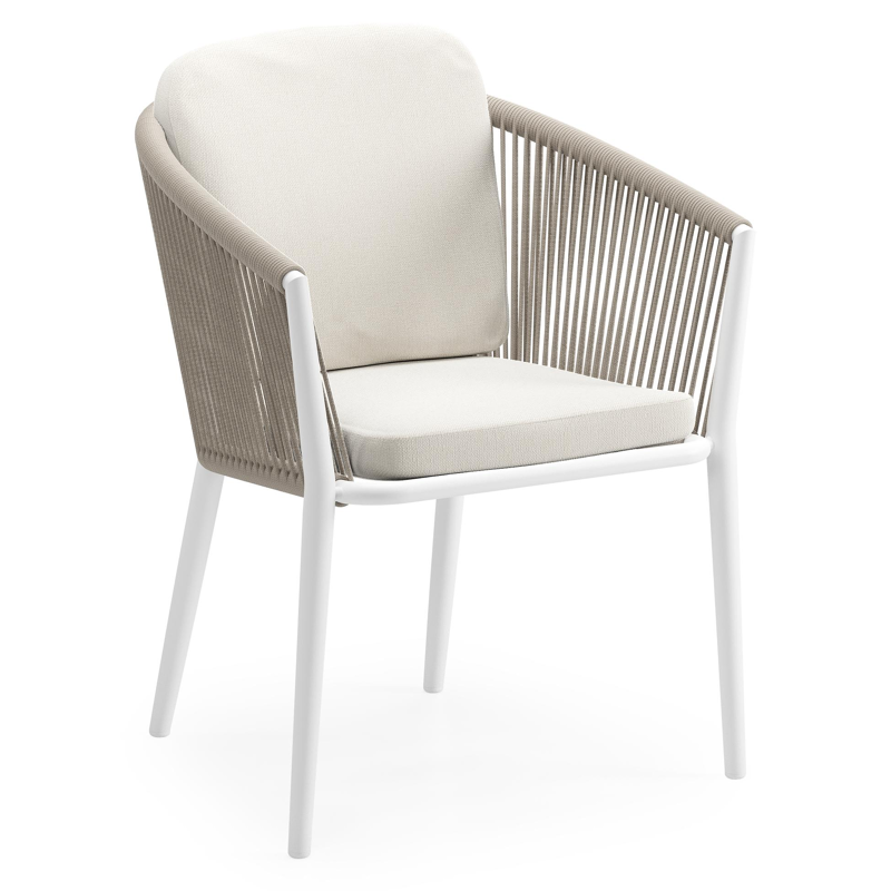 Orso tuinstoel in wit aluminium en beige verticaal geweven ronde rope met luxe zitkussen in All Weather Sunbrella® Luxe Savane White