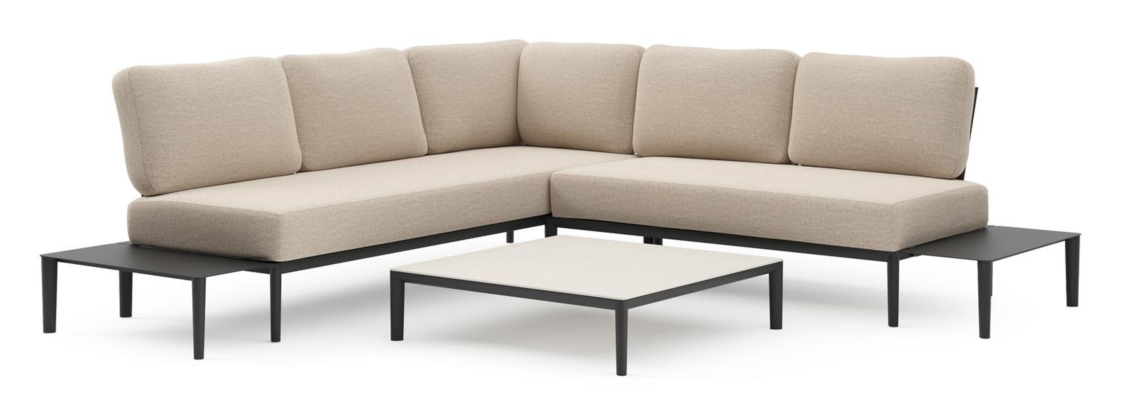 Salon de jardin d'angle Tolosa en aluminium noir et coussins en weather+ softtouch rustic et table basse