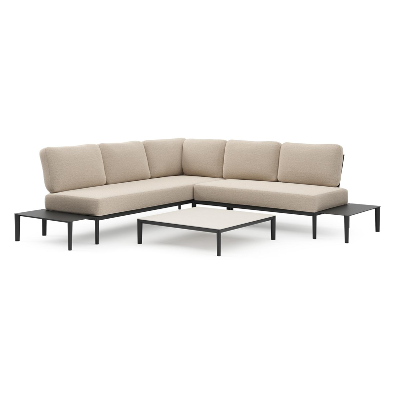 Salon de jardin d'angle Tolosa en aluminium noir et coussins en weather+ softtouch rustic et table basse