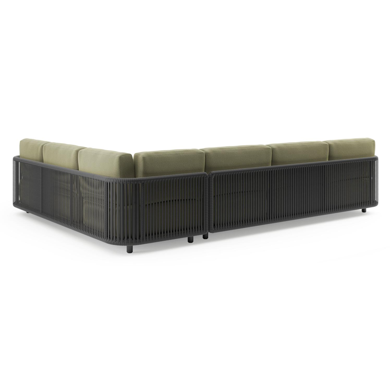 Organo loungehoek in zwart aluminium en zwart verticaal geweven luxe vlakke rope met heritage leaf all weather Sunbrella® luxe kussen