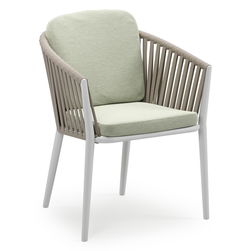 Chaise de jardin empilable Orso en aluminium blanc et corde large plate de luxe tissée verticalement beige avec coussin en All Weather Sunbrella® Luxe Slow Spirea