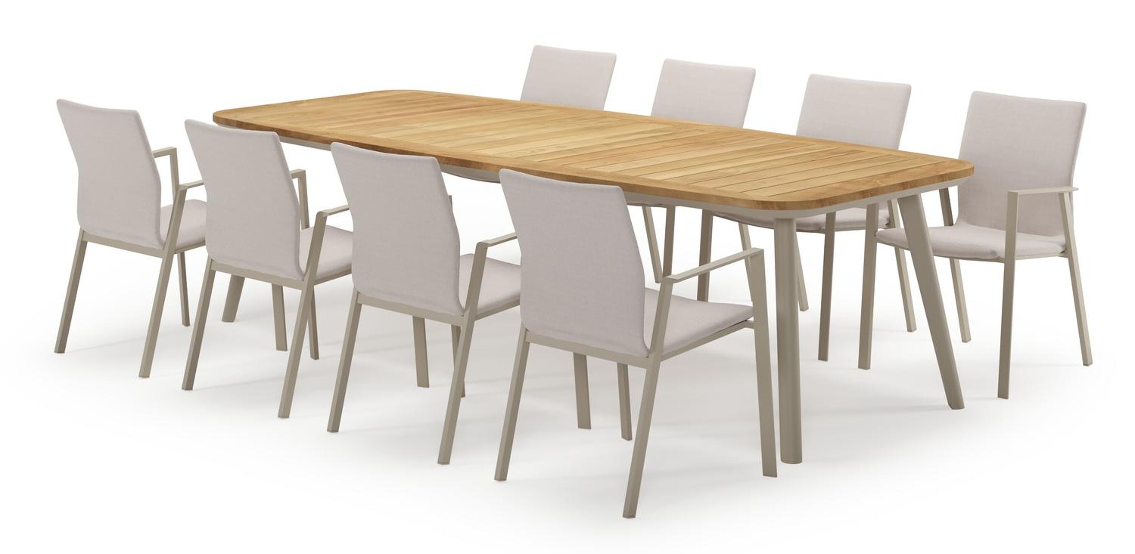 Mosa bootvormige tuinset in beige aluminium en teak natural finish met 8 Madura tuinstoelen