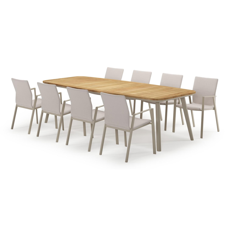 Mosa bootvormige tuinset in beige aluminium en teak natural finish met 8 Madura tuinstoelen