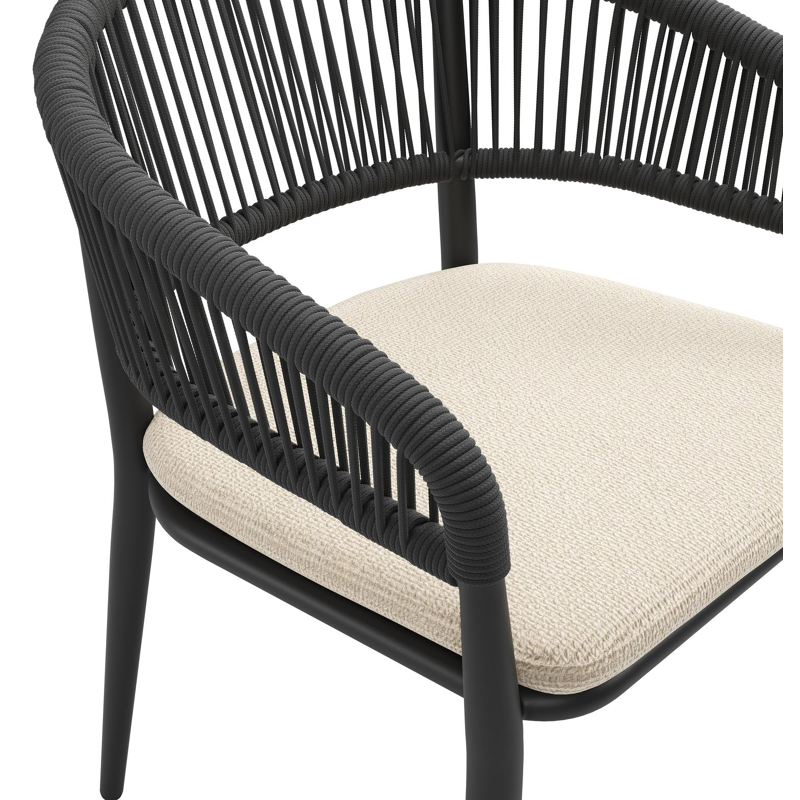 Tolfa stapelbare tuinstoel in zwart aluminium en zwart verticaal geweven ronde rope met stoelkussen in All Weather Cosytica Althea Chalk