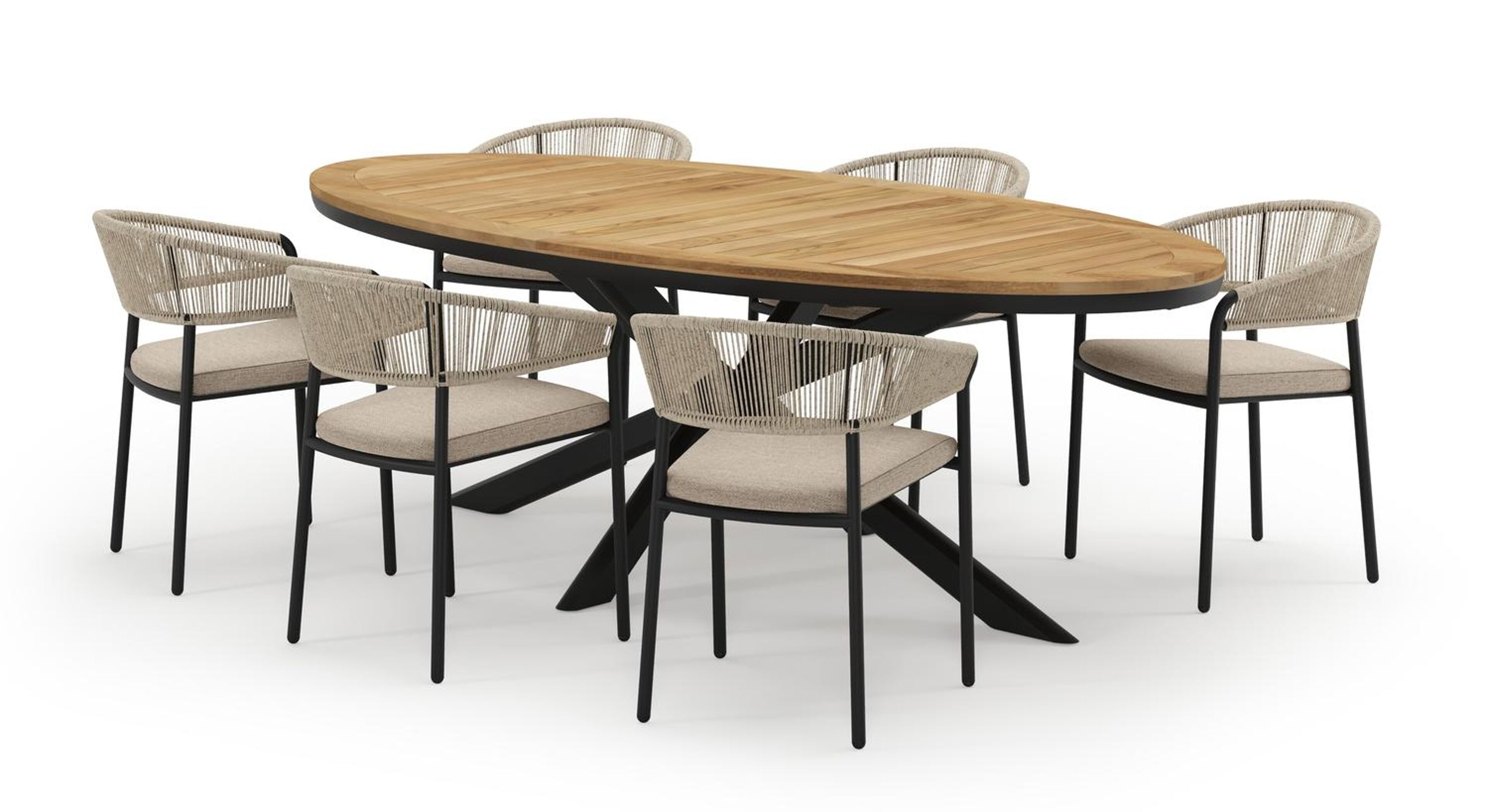 Pamplona ovale tuinset in zwart aluminium en teak natural finish met 6 Zamora tuinstoelen