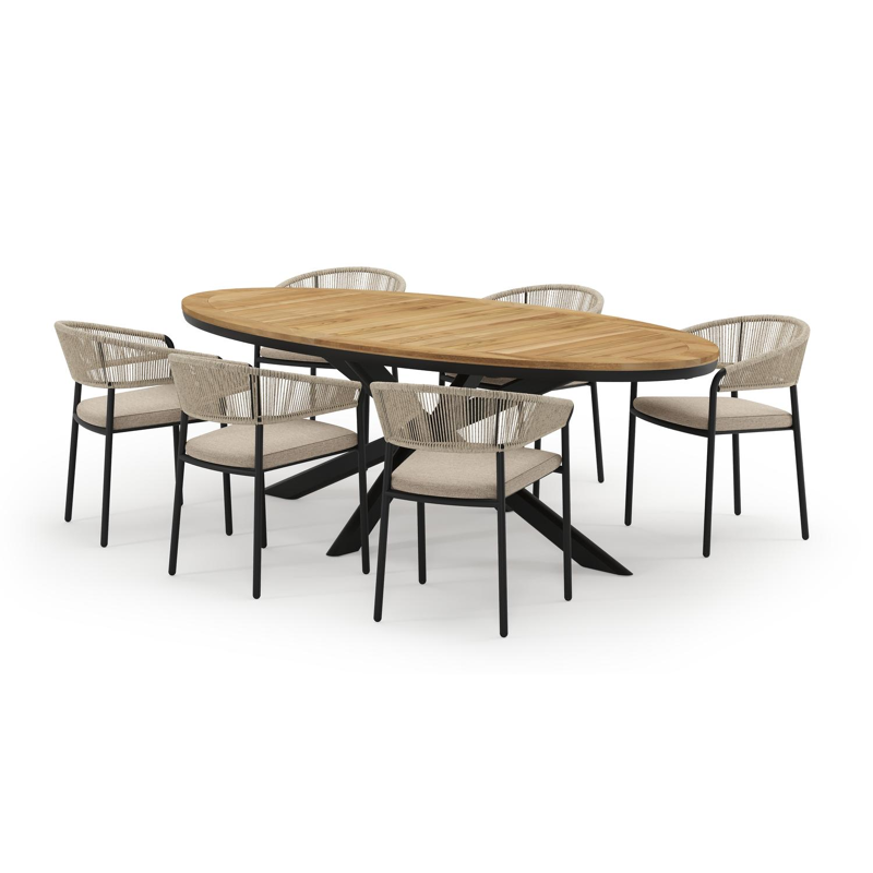 Pamplona ovale tuinset in zwart aluminium en teak natural finish met 6 Zamora tuinstoelen