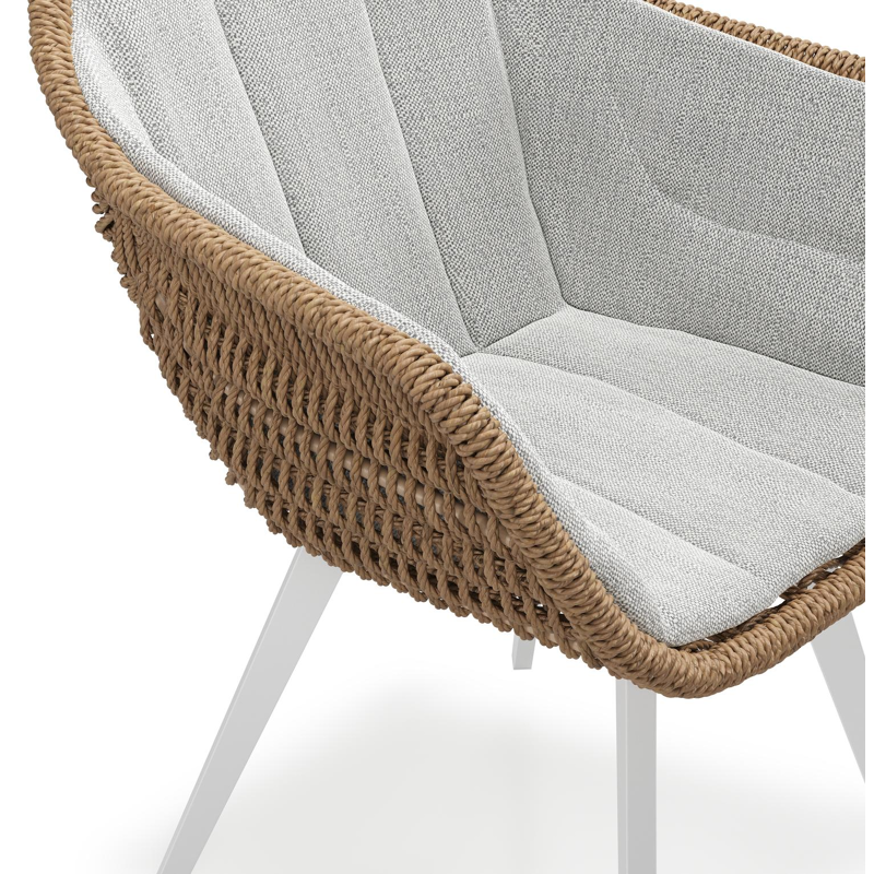 Pagino tuinstoel in wit aluminium en bruin ronde wicker met zitkussen in All Weather Sunbrella® Luxe Savane Nimbus
