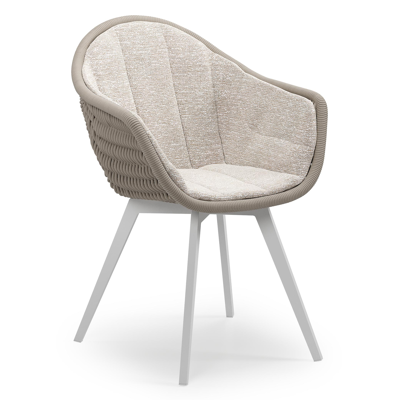 Pagino tuinstoel in wit aluminium en beige verticaal geweven ronde rope met zitkussen in All Weather Sunbrella® Luxe Tundra Sand